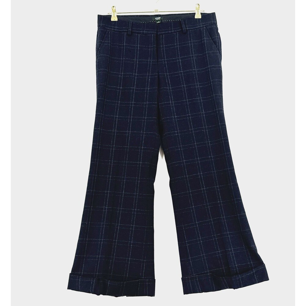 J.Crew Super 110s Wool Pants Women 8 Navy Plaid Low Fit Wide Leg Trousers